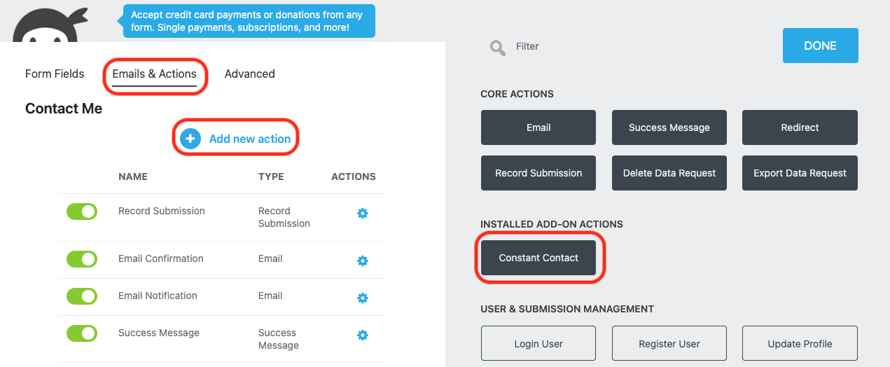 image of the Emails and Actions tab of the form builder with Add New action and the constant contact action highlighted within the actions window