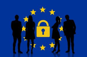 eu logo with padlock in middle, silhouettes of people in foreground; gdpr