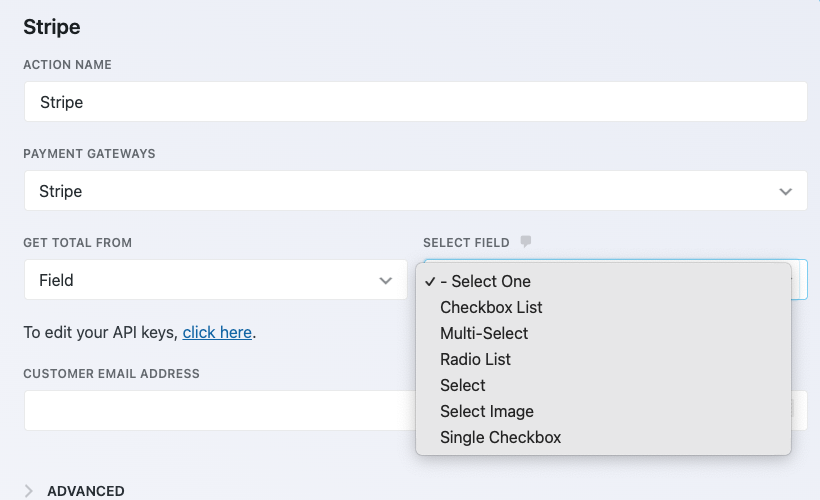 Stripe Get Total From Field setting