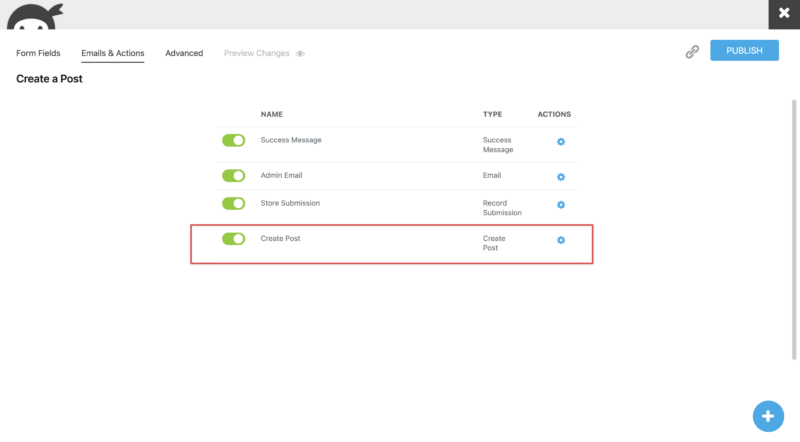 Create a Post action enabled, notifications for user-published posts