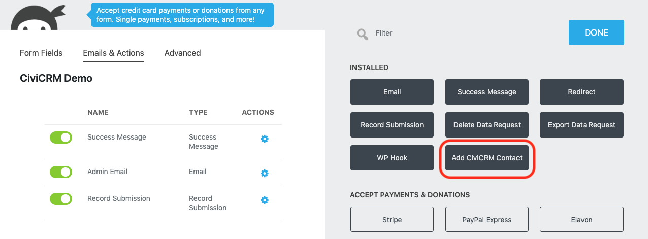 action window opened to display add CiviCRM contact icon