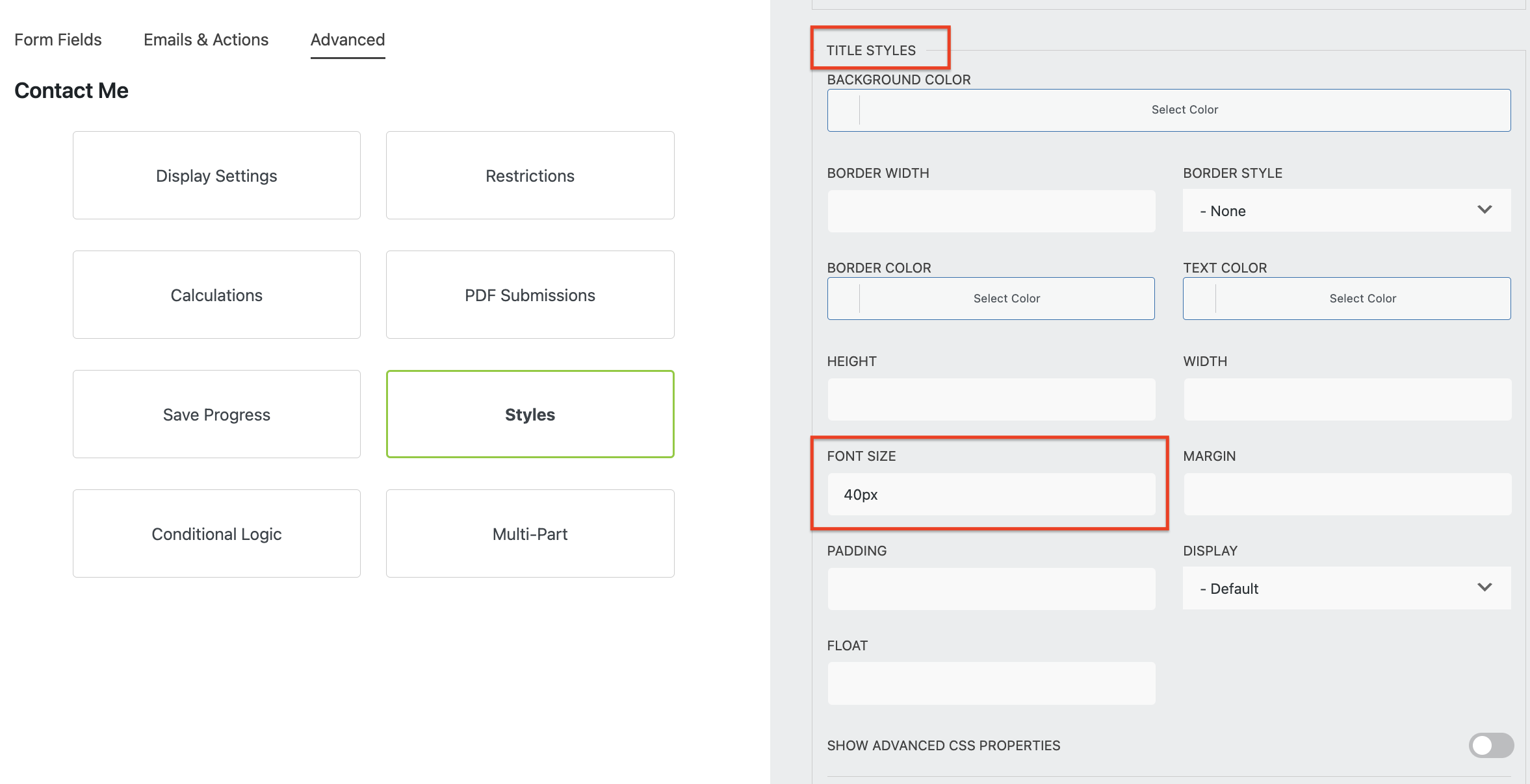 changing font size of form title