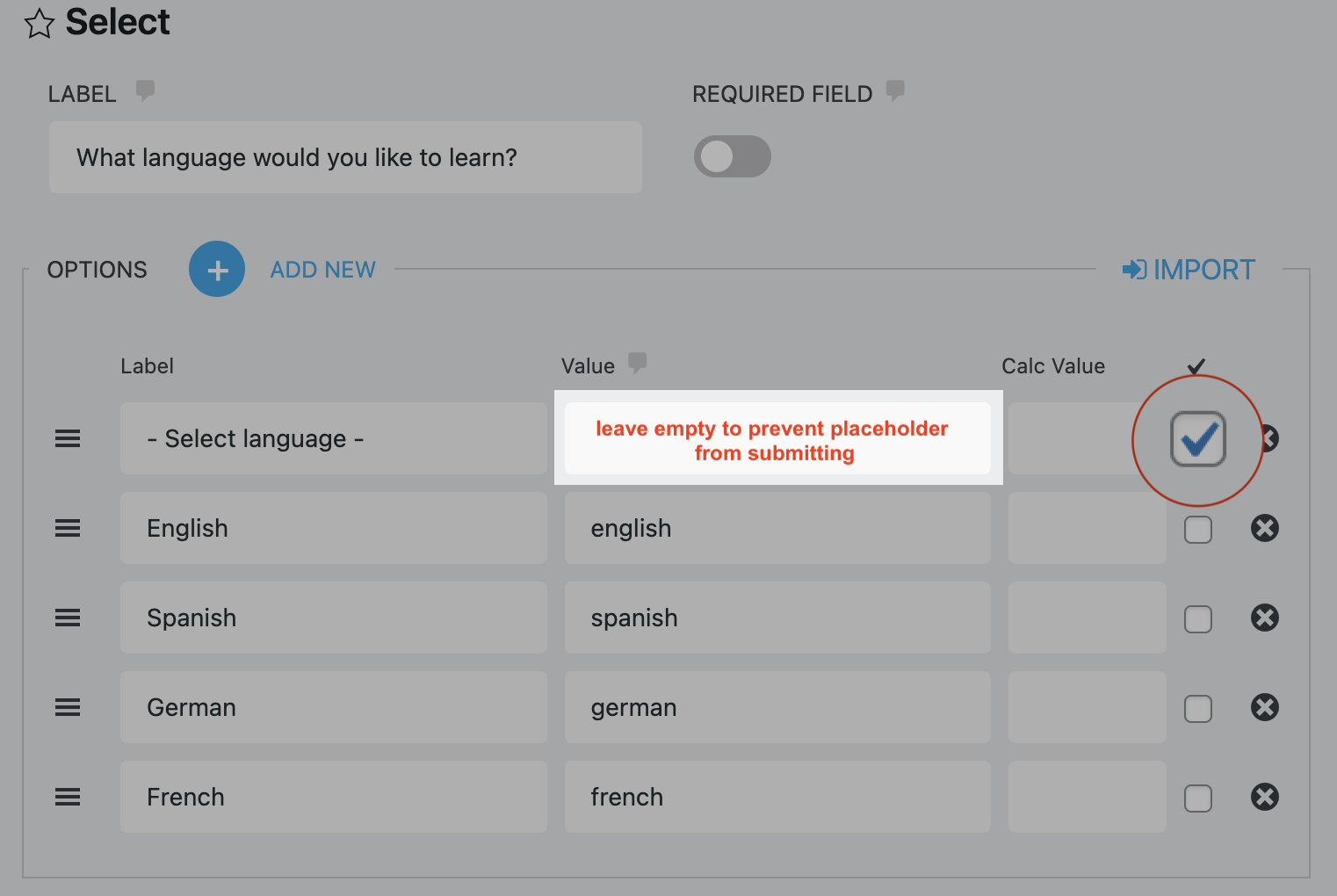 placeholder text in select field