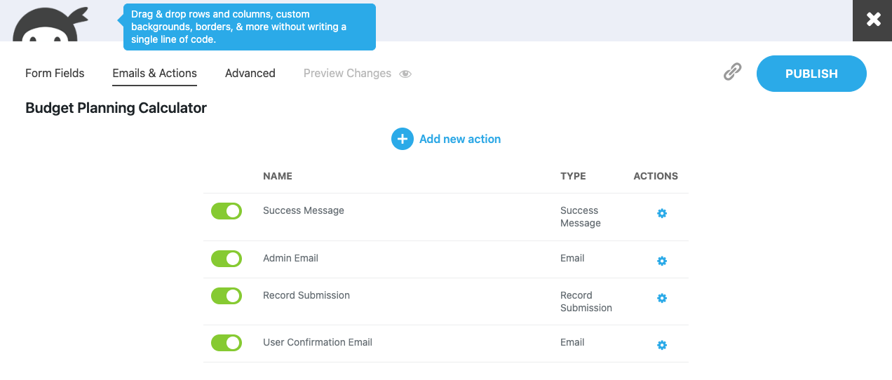 image of the ninja forms emails and actions tab