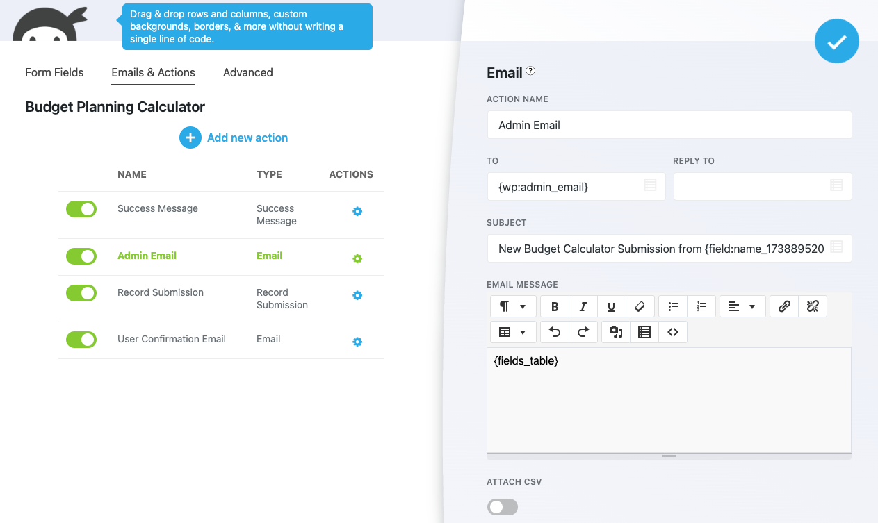 image of an individual email action's settings window