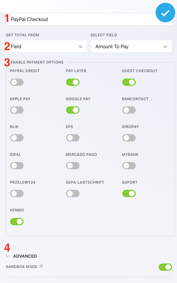 image of the paypal checkout action settings with features labeled 1-4