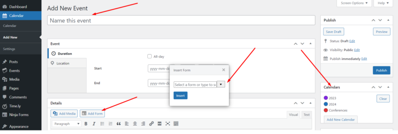 How to create an event in the Sugar Event Calendar and embed the Ninja Forms