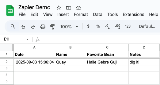 image of google sheet demonstrated previously, but this time with row 2 populated with the test submission data