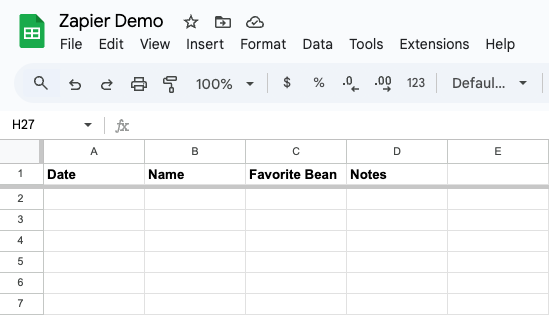 image of a google sheet with only row 1 populated as the header row: Date, Name, Favorite Bean, and Notes