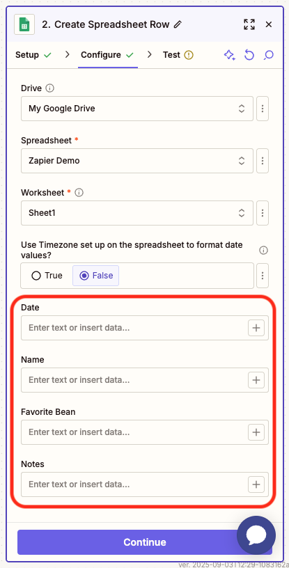 image of zapier ui with the sheet selected and column headers available for field mapping