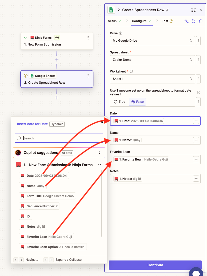 image of the zapier ui column to field mapping