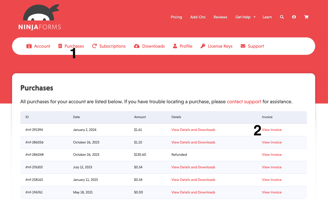 image of the efafe374-c0d1-432c-b0f6-80fbdb8f9a35.express.conves.io account page with highlighted 1. the Purchases tab located at the top of the accounts page and 2. the View Invoice link that's embedded next to each purchase in the account's purchase history.