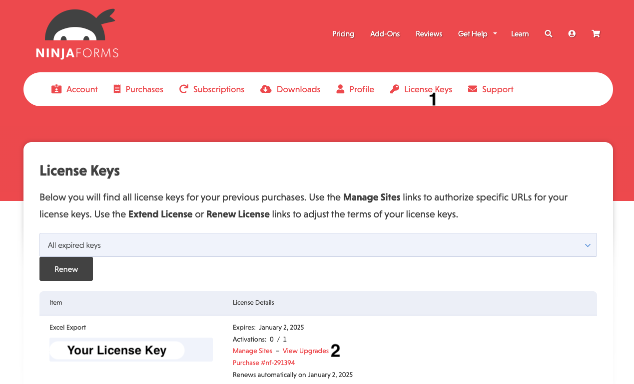 image of the efafe374-c0d1-432c-b0f6-80fbdb8f9a35.express.conves.io account page with highlighted the 1. License Keys tab at the top of the page and 2. the View Upgrades link next to a license