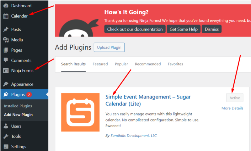 Successful installation of Ninja Forms and Sugar Calendar WordPress plugins 