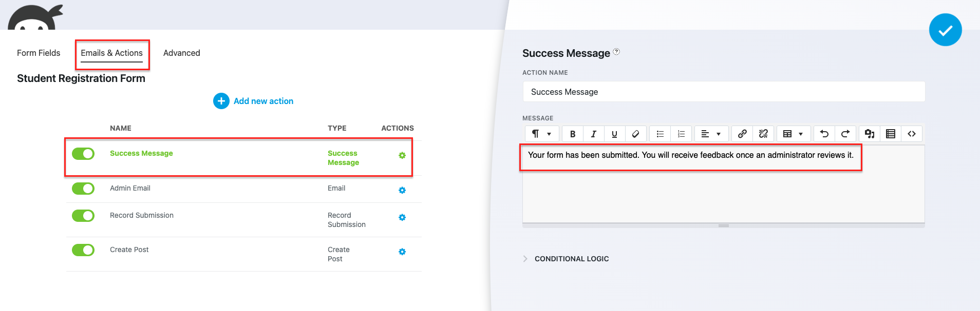 create post - success message