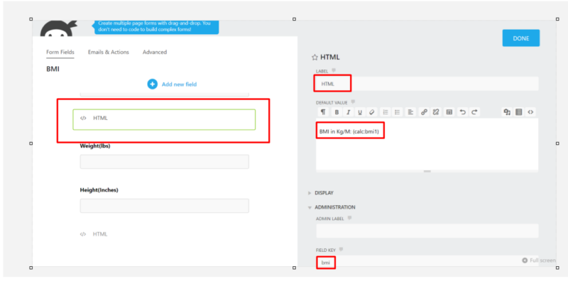 HTML field setting to display BMI calculations on WordPress form