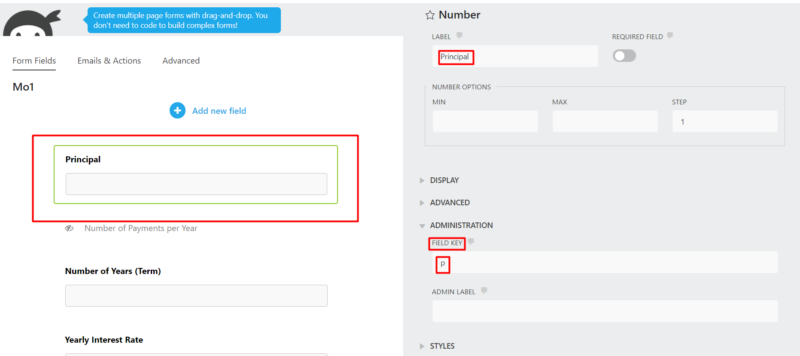 Principal field settings for a Mortgage form