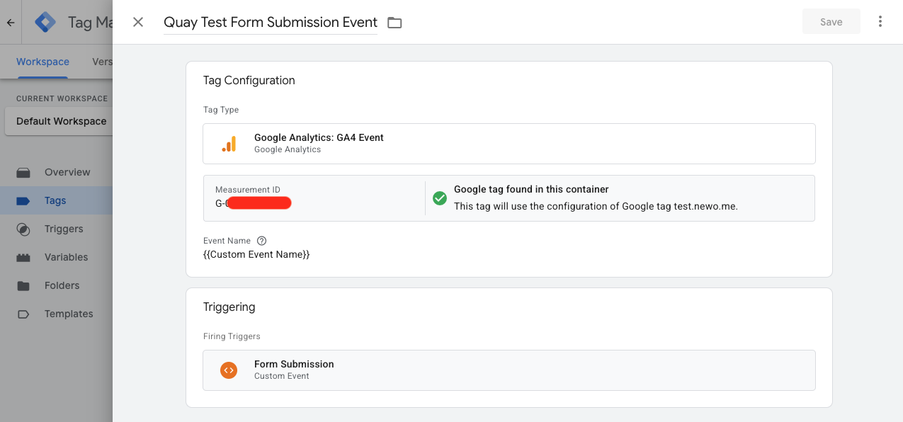 image of tag and trigger configuration in Google Tag Manager that enables google analytics event tracking