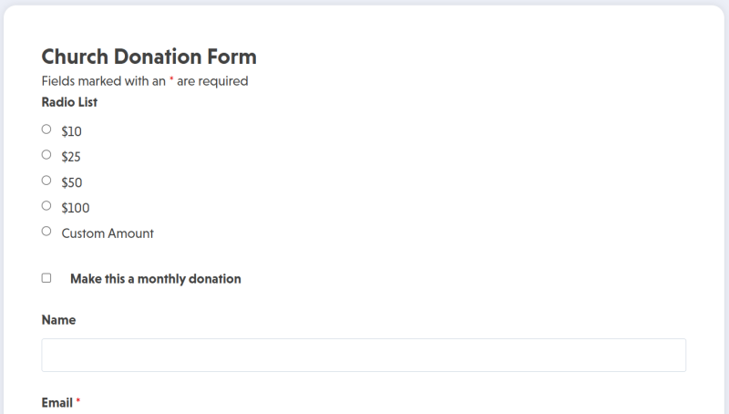 Church donation form template displaying payment options and custom donation amount field
