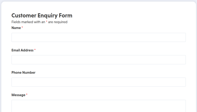 Customer enquiry form template displaying contact fields and service selection dropdown