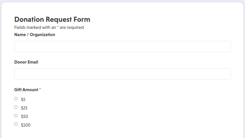 Donation request form template showing organization details and funding need description fields
