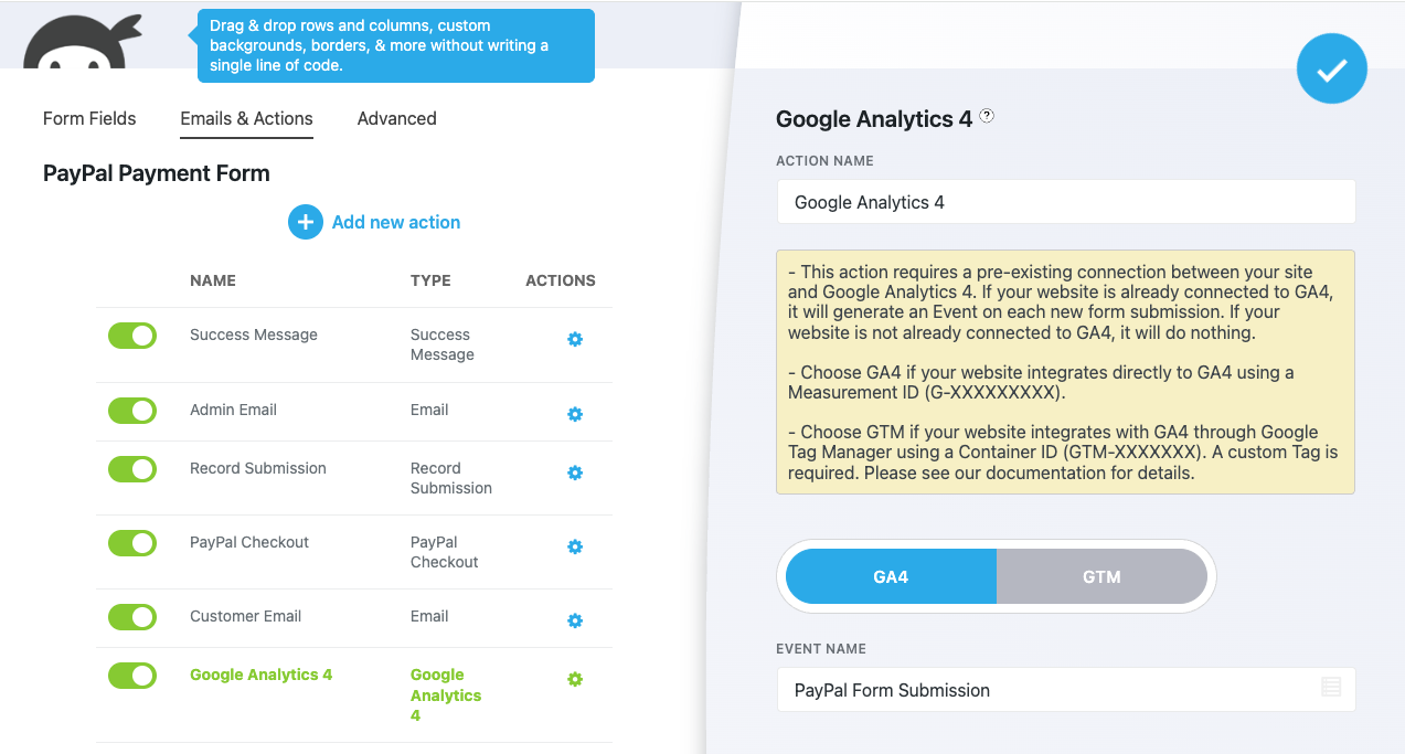 Google Analytics action settings window with Event named "PayPal Form Submission"