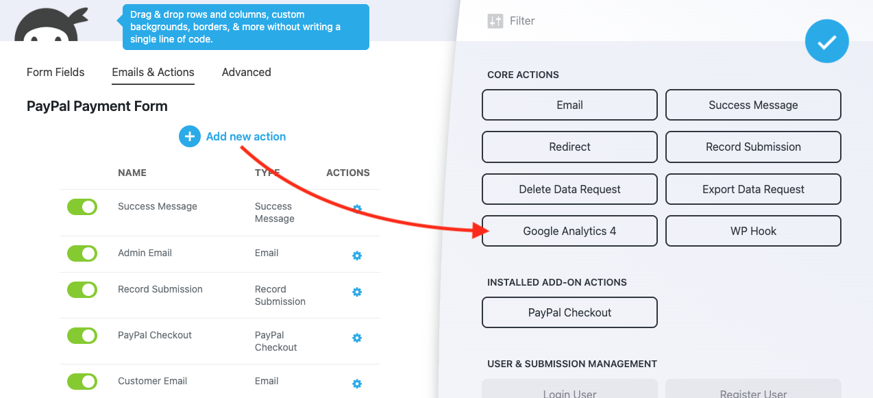 image of the Google Analytics 4 action available in the actions window after clicking Add New Action on the Emails and Actions tab of the builder. 