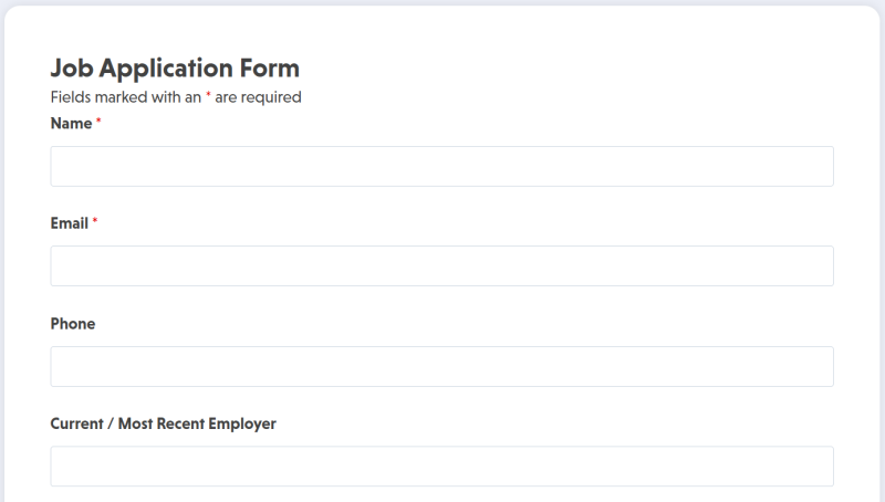 Job application form template with work history fields and resume upload section