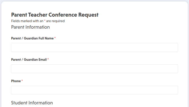 Parent teacher conference request form template showing available time slots and contact fields