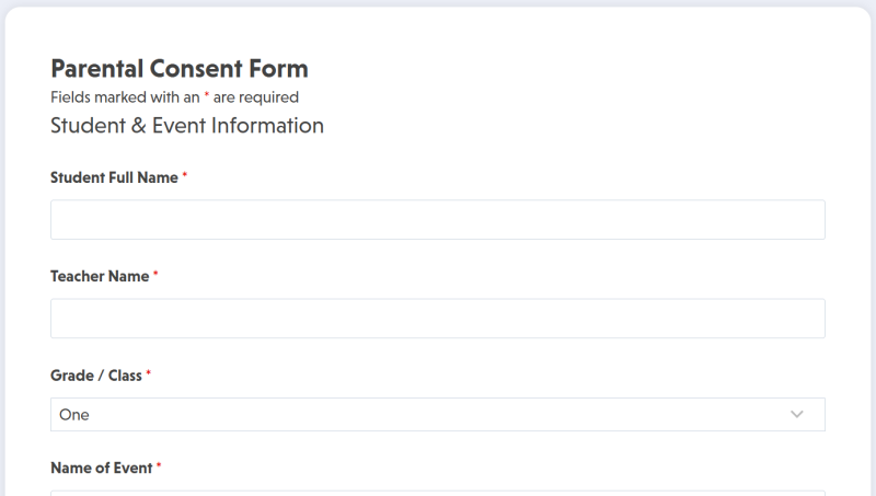 Parental consent form template displaying student information and guardian signature fields