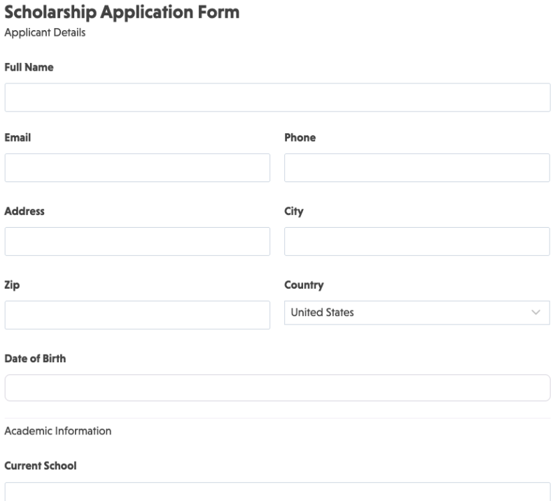Scholarship application form template with academic history fields and essay upload section