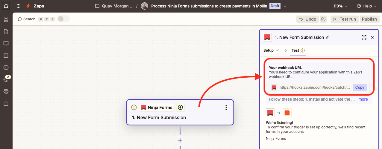 image of the zapier app with ninja forms submission added as the trigger. The trigger setting window is open with the webhook url highlighted.