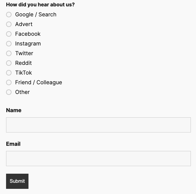 Referral tracking form template displaying source selection and feedback collection fields