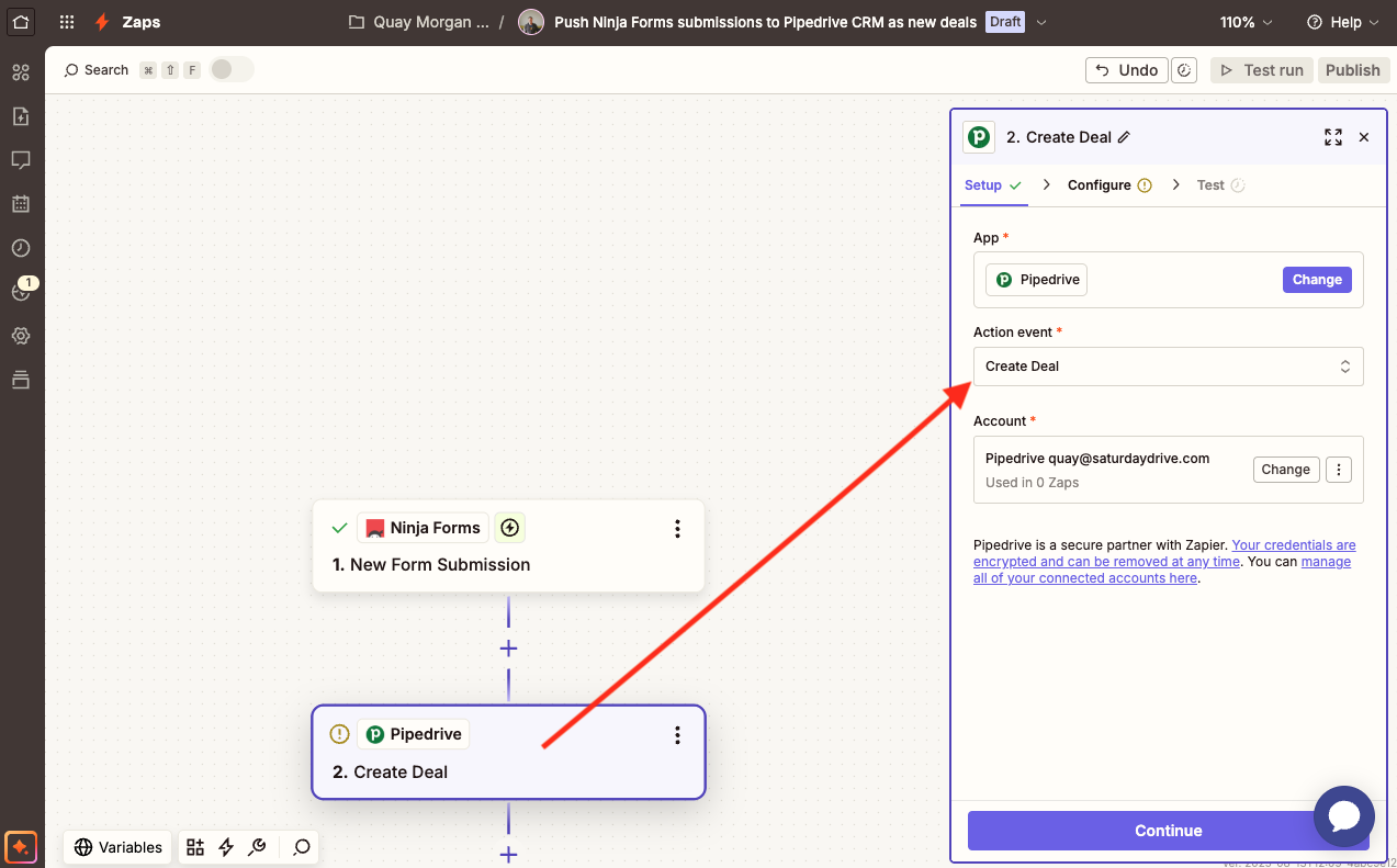 image of action event setting within the zap