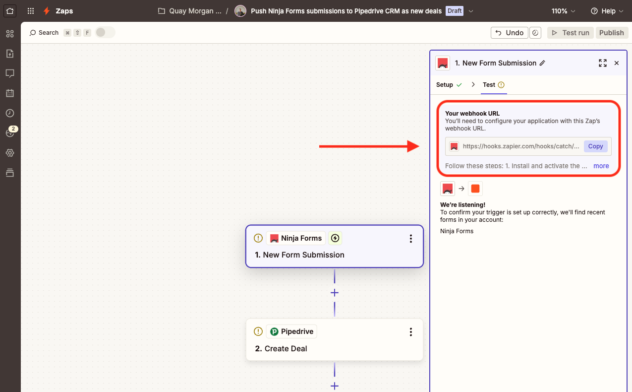 image of the zap's webhook nested inside the first step of the zap