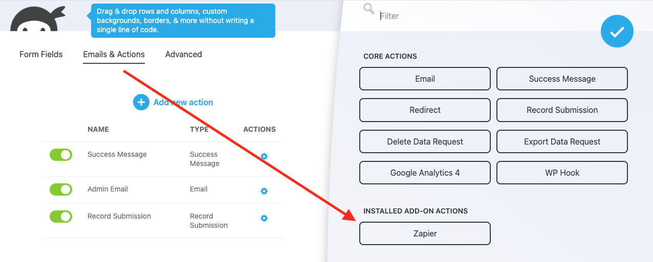 image of the ninja forms builder open to the email and actions tab with the available zapier action highlighted