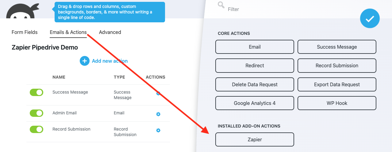 image of the ninja forms builder open to the email and actions tab with the available zapier action highlighted