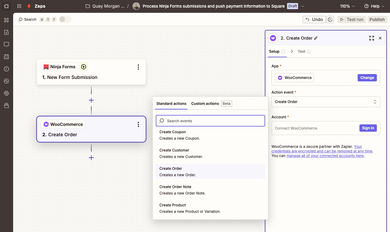 image of the zapier editor with woocommerce selected as the action app. options for what to do when the form submits are displayed. 