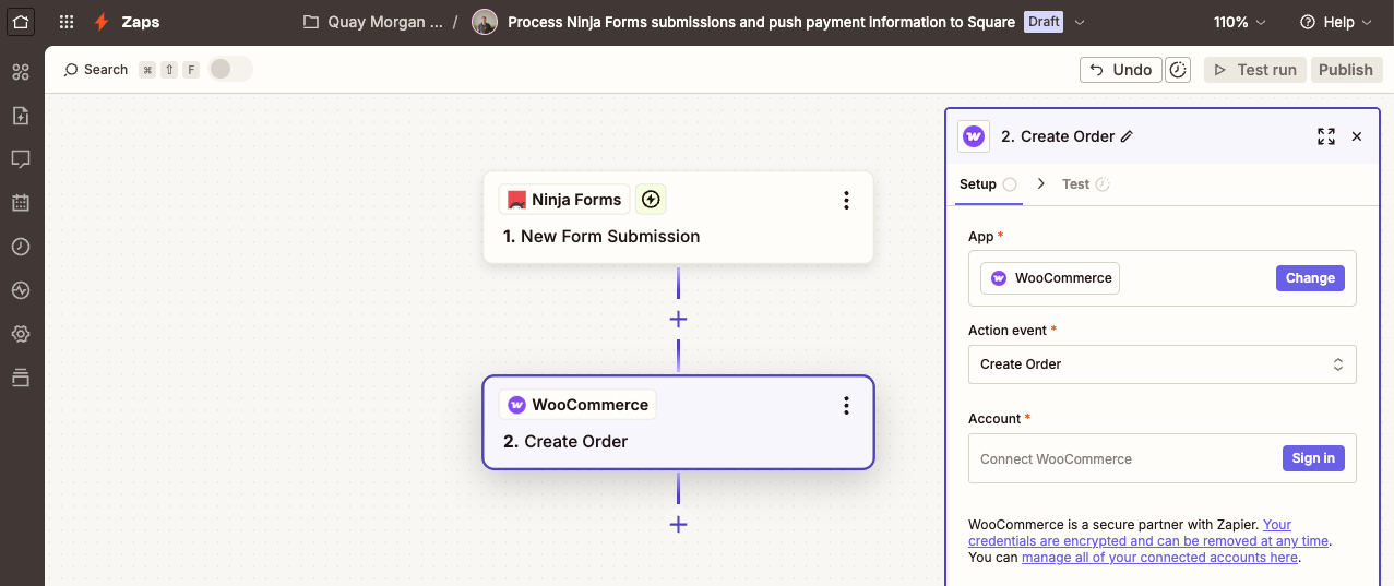 image of the zapier editor with woo commerce and ninja forms seelcted