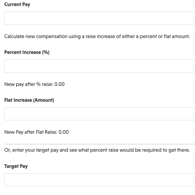 Pay raise calculator template showing current salary and increase percentage with new wage results