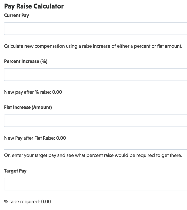Pay raise calculator template showing current salary and increase percentage with new wage results