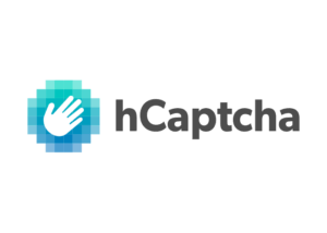 hcaptcha brand logo featuring a waving hand against a circular, pixelated blue background next to the text hcaptcha
