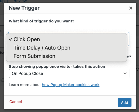 image of trigger selection options in popup maker popups