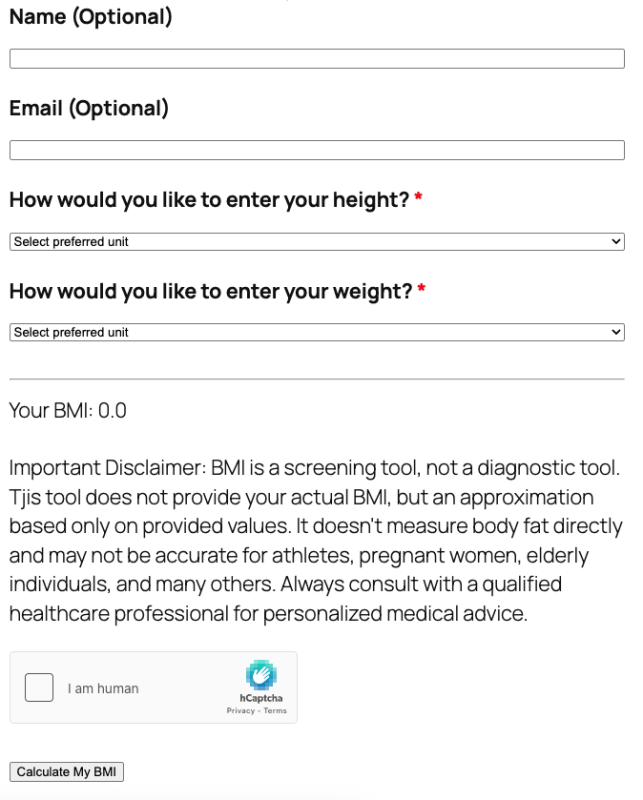 BMI calculator template displaying height and weight input fields with body mass index results