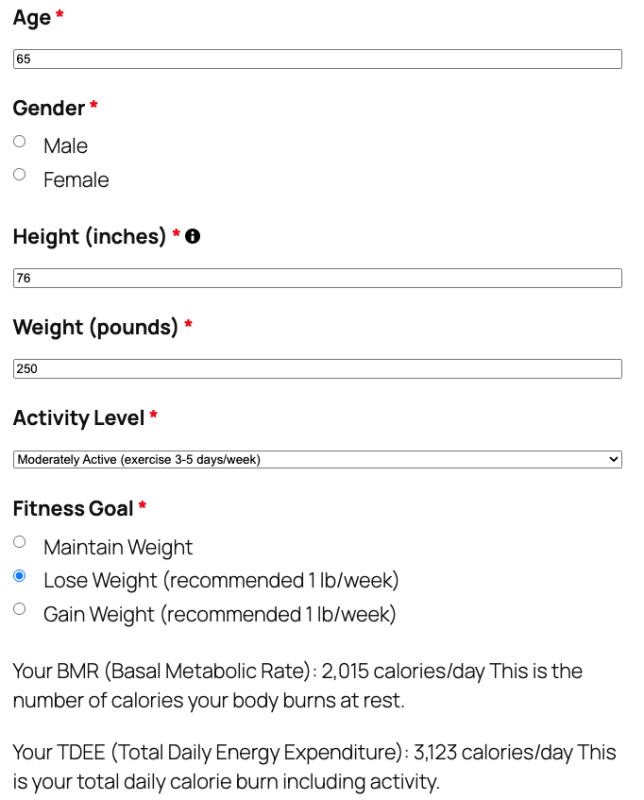Calorie calculator template with activity level and goals fields showing daily calorie target