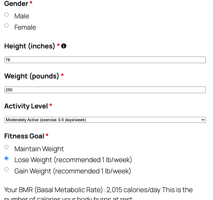 Calorie calculator template with activity level and goals fields showing daily calorie target