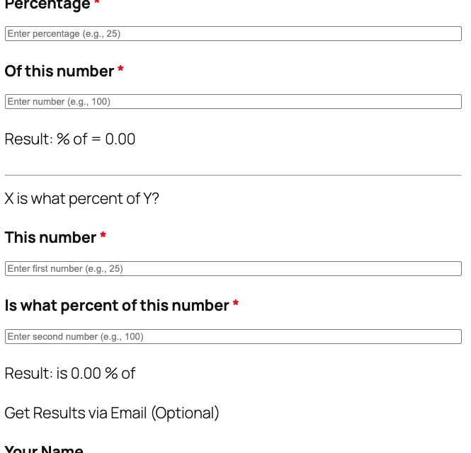 Percentage calculator template showing base number, percentage value, and calculation result fields with instant results display