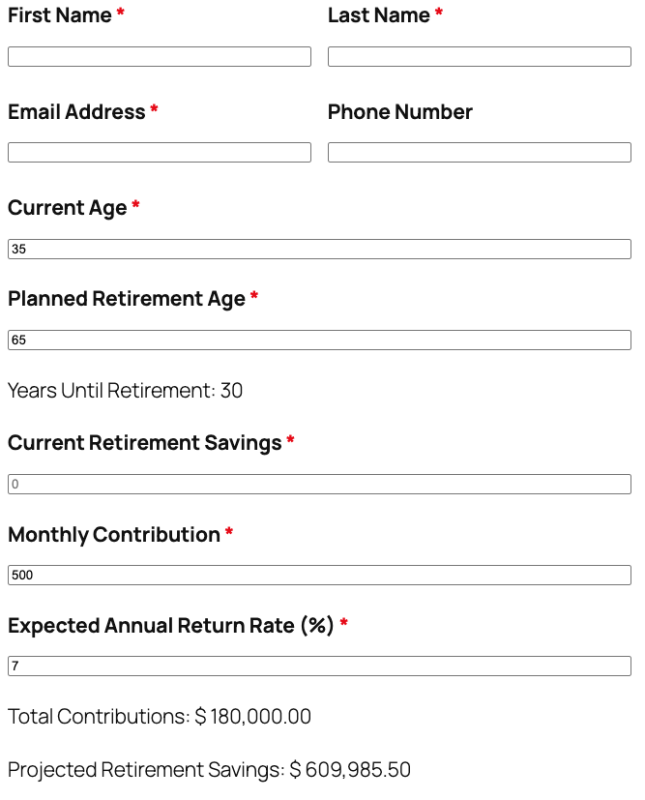 Retirement calculator template showing current savings and monthly contribution fields with projected retirement savings results