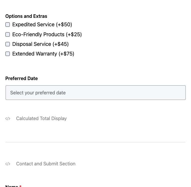 Service quote calculator template showing service options with estimated cost breakdown