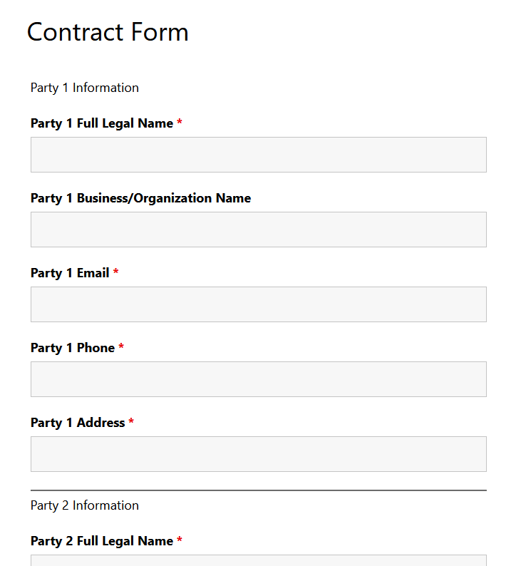 Contract form template showing party information fields, contract details, payment terms, and legal agreement sections